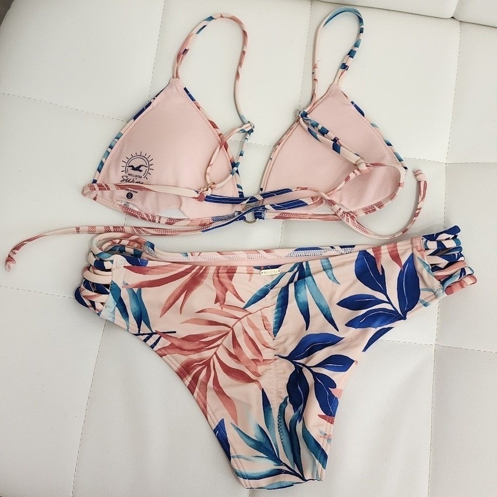 Hollister Swim Pink Tropical Palm Leaf Triangle Bikini Set Multi Strap Bottoms S